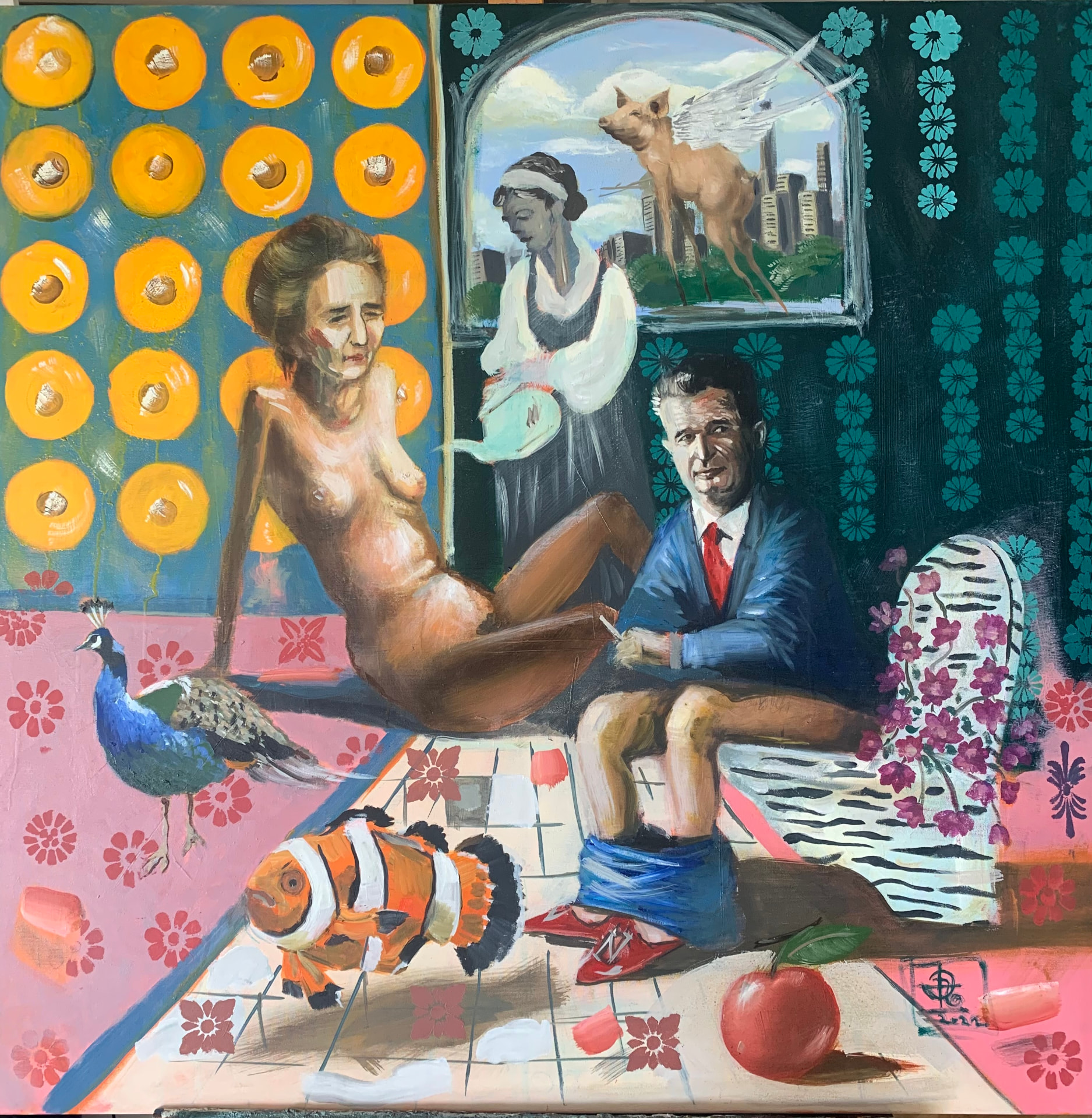 Interior with Peacock (2022) — Oil on canvas, 90 × 90 cm — painting by Arthur Dinu, Romanian contemporary artist